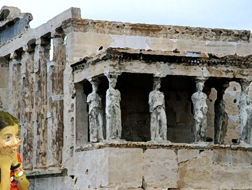 High above Athens, Caryatids support the southern portico on the Erechtheion, the most sacred sanctuary on the Acropolis.